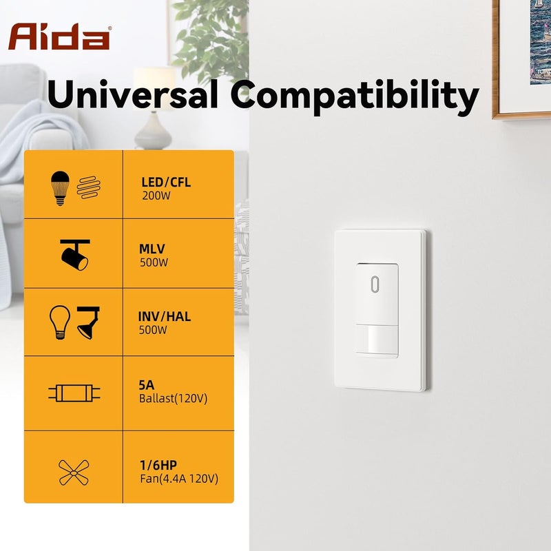 Aida Single Pole Motion Sensor Light Switch w/Neutral Wire - 120° PIR Infrared Activation - CFL/LED/MLV/INC/HAL/Fan Compatible - UL Certified - 4 Pack,Matte White - Image 2
